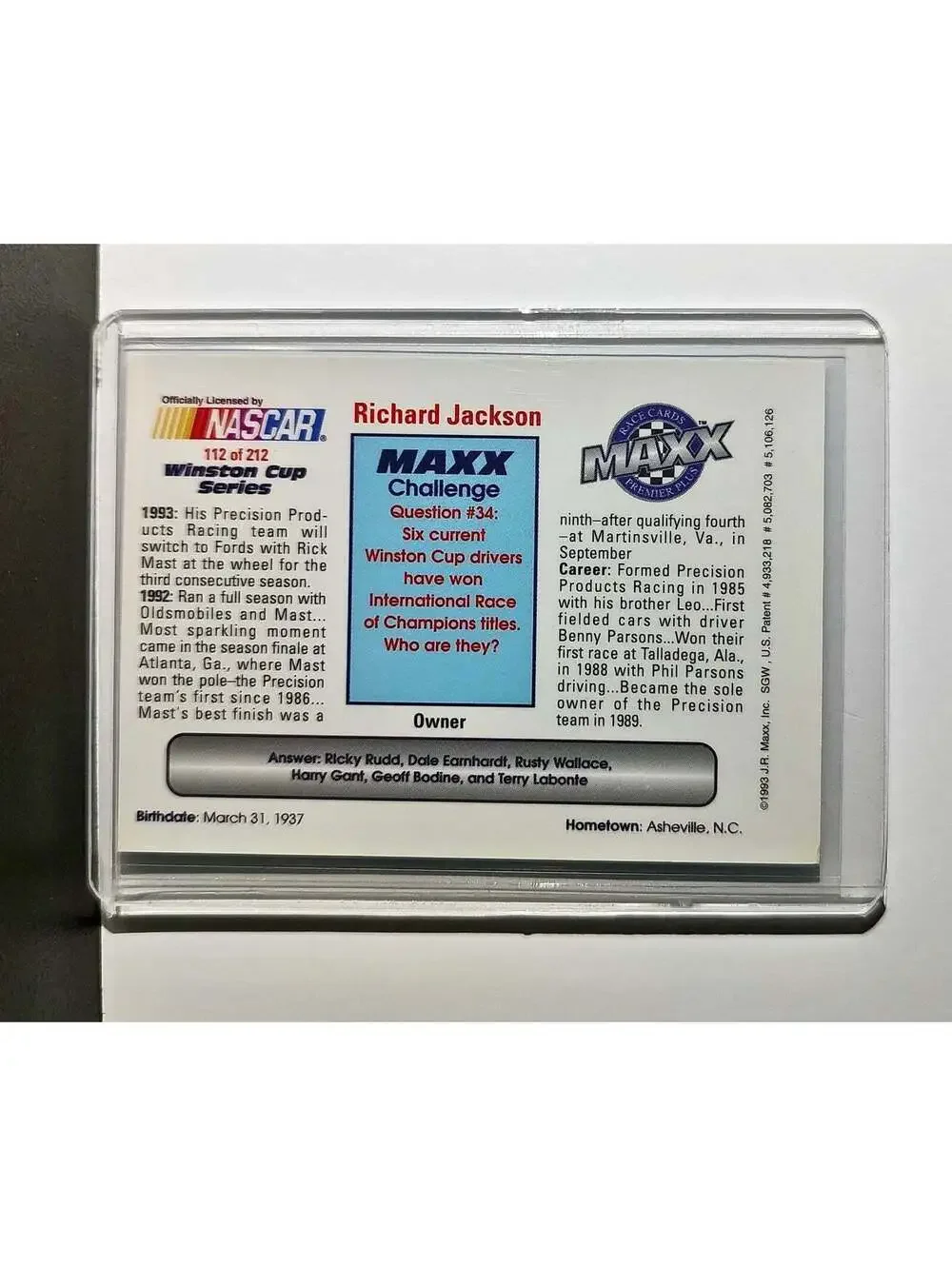 Richard Jackson 1993 Maxx Premier Plus Racing #112 NASCAR Precision Products